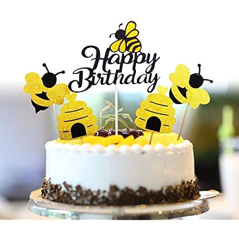Artczlay Happy Birthday Cake Topper Golden and Black Flash Bees Baby Shower Children's Birthday Party Cake Decoration 5PCS Cover