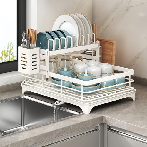 Uwenkjie dish drainer rack,2 tier dish drainer rack,dish racks with drain board,Kitchen Dish Drain Stand, Stainless Steel Sink Dish Stand with Utensils and Cutting Board Rack,white