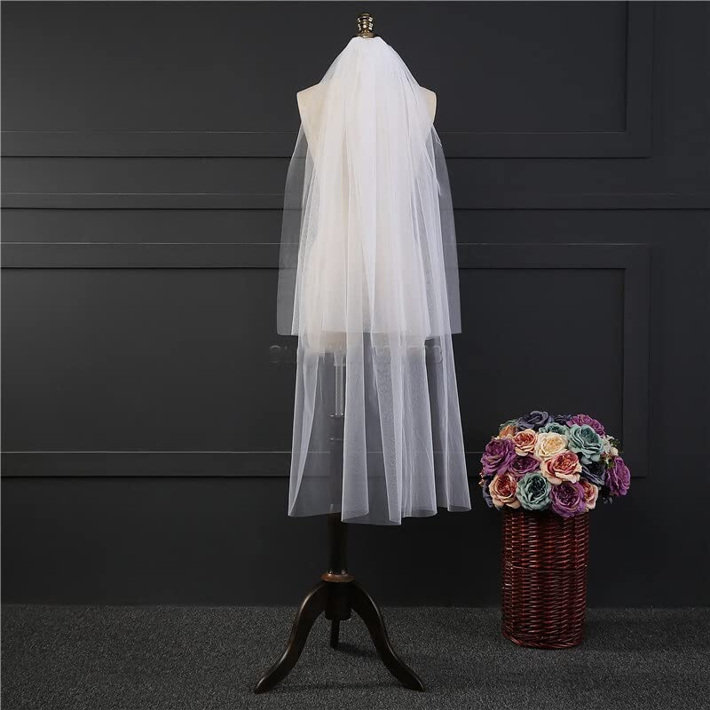 Ślub Dwuwarstwowy welon ślubny do koniuszków palców Tiulowy welon dla panny młodej z grzebieniem (Color : White)