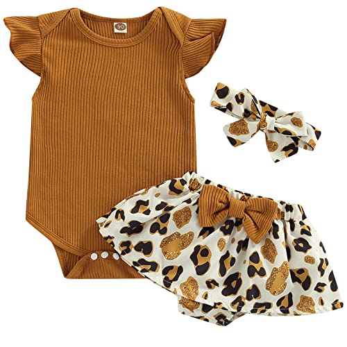 Image of Mubineo Baby Girl 3PCS Summer Boho Rompers Outfits Bodysuit Shorts Clothes Headband Set (Ymc Brown, 0-6 Months)