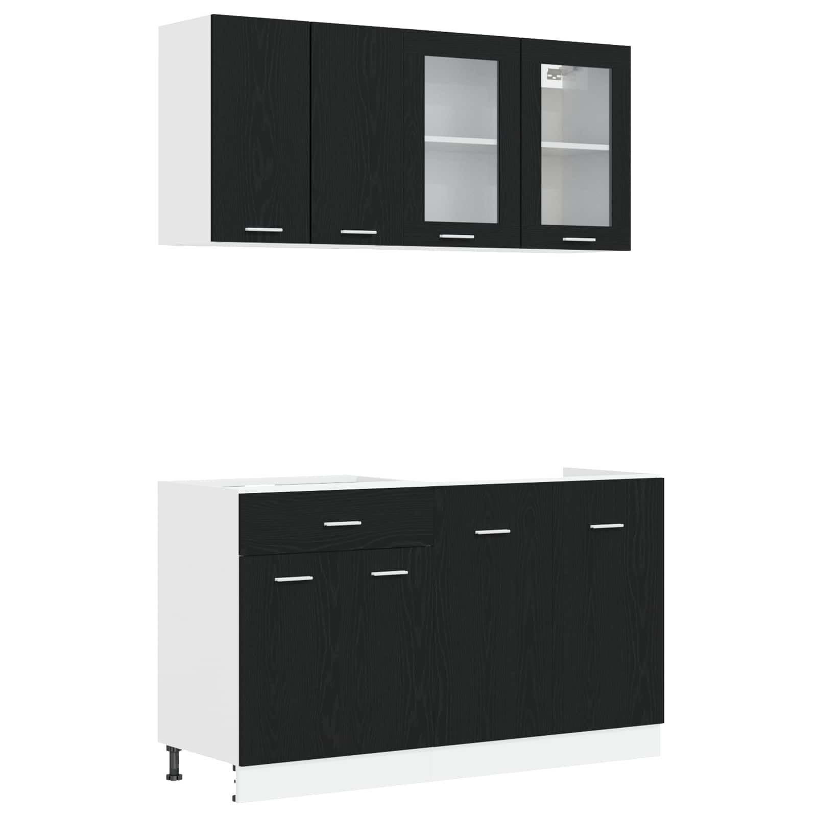 Meuble de Cuisine Lyon 4 Pièces Chêne Noir - Ensemble de Meubles de Cuisine en Bois d'Ingénierie avec Armoire sous Évier, Meuble Bas à Tiroir, Étagères et Placards Suspendus Vitrés