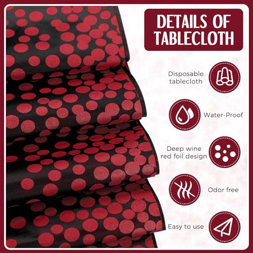 Image of Breling 8 Pack Black and Maroon Disposable Plastic Tablecloths and Satin Table Runner Set, 54 x 108 Inch Tablecloth, 12 x 108 Inch Table Runners for Wedding Graduation Birthday Baby Shower