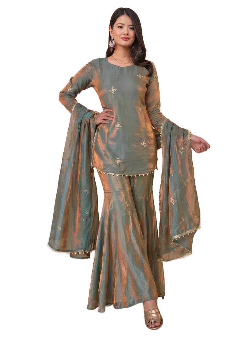 jihu culture Women's Sea Green Fandy Silk Zari Seuqnce Embroidery Work Kurta & Sharara Set-picture-27