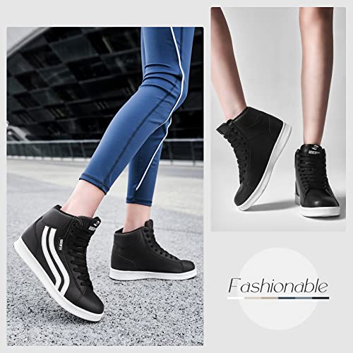 Sosenfer Womens Wedge Sneakers High Top Wedge Sneakers Hidden Heel Comfort Lace Up Fashion Walking Shoes Non-Slip Ankle Boots For Womens Girls Black White Us Size 7 #TOP3