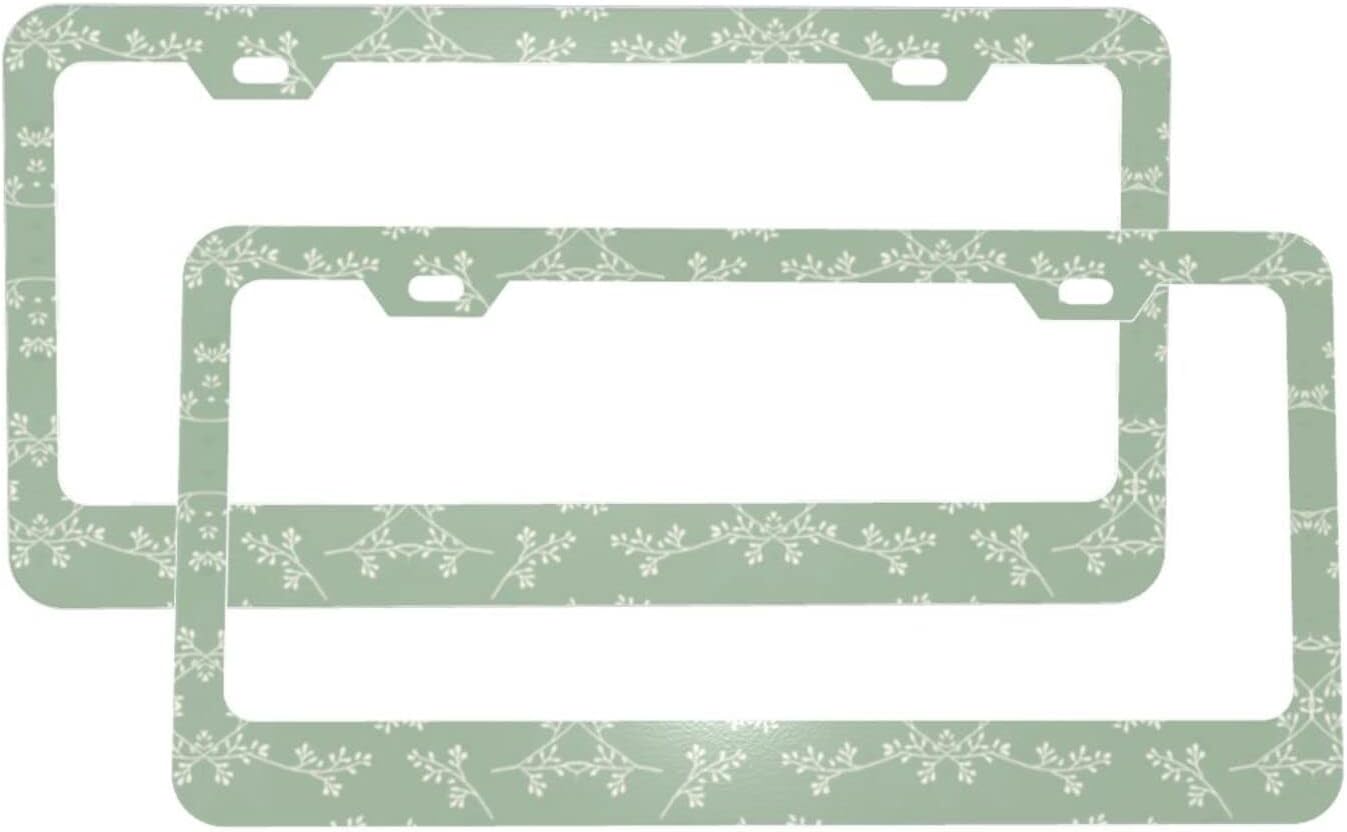 Car License Plate Frame Ferns Sage Green License Plate Frames, 2 Pack 2 Holes Aluminum License Plate Cover with Screw and Black Screw Caps