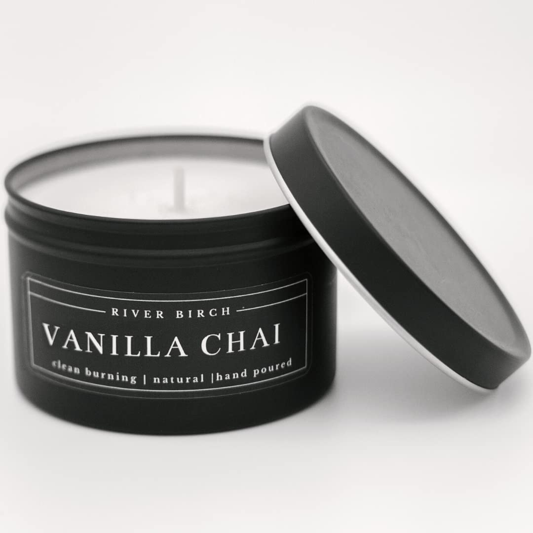 River Birch Candles Vanilla Chai Scented Candle | Premium, All-Natural, Non-Toxic, Soy Candles | 8 oz. Matte Black Tin Travel Candle | Cozy Relaxing