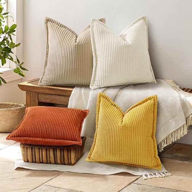 decorUhome Corduroy Cream White Throw Pillow Covers 18x18 Set of 2 Decorative Soft Boho Striped Neutral Euro Farmhouse Couch Pillow Covers with Broadside for Living Room Bed Sofa