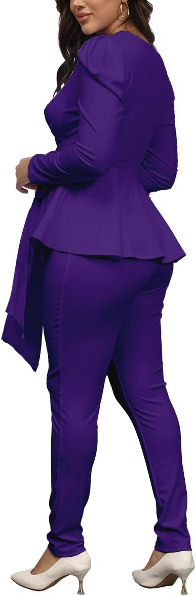 Remelon 2 Piece Outfits for Women Blazer with Pants Deep V Long Sleeve Slim Fit Ruffle Pelplum Business Suit - Image 5