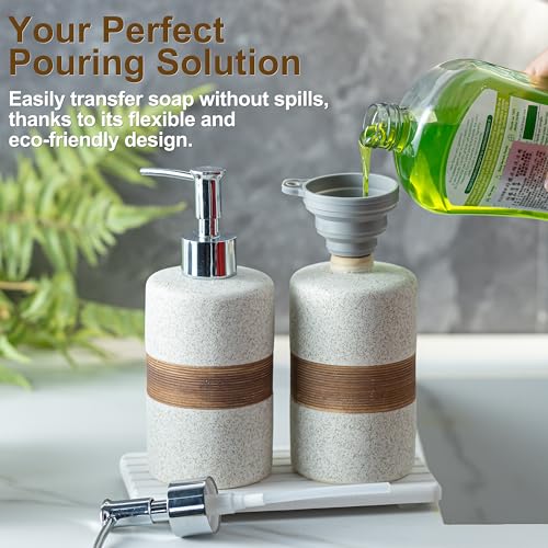 Image of 2 Pack Ceramic Soap Dispensers Set, Hand and Dish Soap Dispenser | Shampoo and Conditioner Dispenser Set, for Bathroom and Kitchen | with Stainless Steel Pump, Silicone Funnel and Tray, White