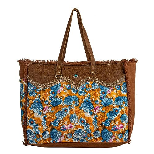 Myra Bag Weekender Bag for Women - Western Upcycled Canvas & Leather Shoulder Bag Blue Ridge Blooms
