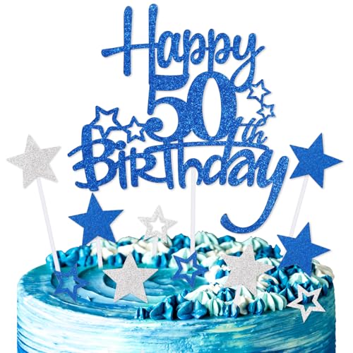 mciskin Decoración para tarta de cumpleaños número 50 de color azul real, para hombres y mujeres, decoraciones de 50 cumpleaños, decoraciones personalizadas para tartas de 50 cumpleaños, decoraciones