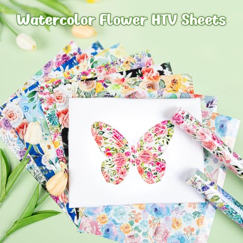 Image of HTVRONT Floral Heat Transfer Vinyl - 12 inchx10 inch Watercolor Flower HTV Sheets | 11 Packs Pattern Iron On Vinyl with 1 PTFE Sheet, Patterned HTV Vinyl Bundle for Spring Clothing Costume