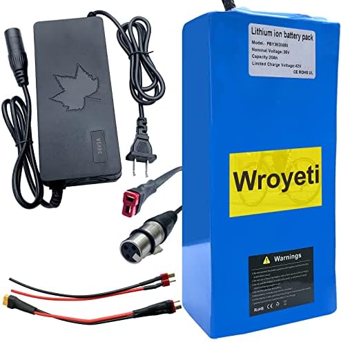 Wroyeti 36V 20AH Electric Bike Lithinum Ion Battery 36V Battery 36V 20Ah Ebike Battery with 3A Charger, XT60 Connector, T-Plug Extension Cord for 100-1000W Electric Bicycles Motor/Ebike Kit
