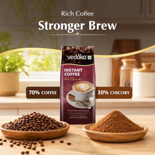 Image of Amazon Brand - Vedaka Instant Coffee 200 g | 70:30 Coffee Chicory Blend | Strong Aroma & Bold Taste | Medium Roast | Ready in Seconds