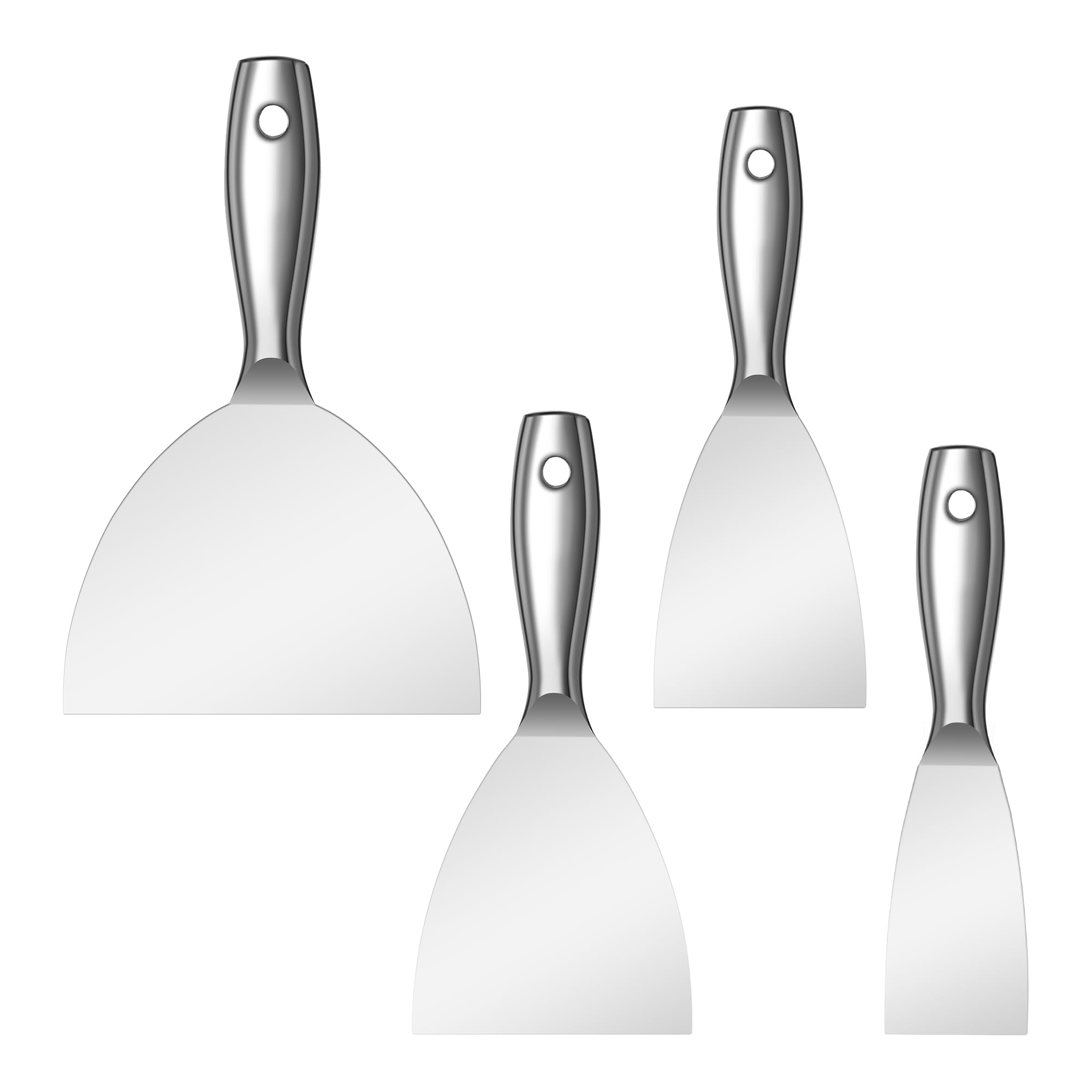 Lot de 4 couteaux à mastic de 5,1 cm, 7,6 cm, 10,2 cm, 15,2 cm en une seule pièce en acier inoxydable poli de qualité supérieure pour la finition des cloisons sèches, lame de mastic de qualité