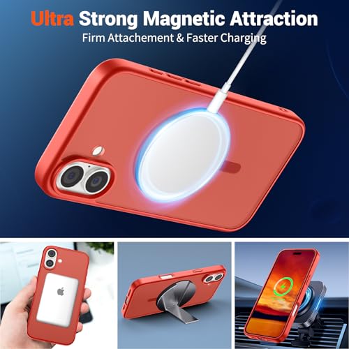 Image of SUPFINE Magnetic for iPhone 16 Case (Compatible with MagSafe) (Military Grade Drop Protection) Slim Translucent Matte Shockproof Phone Cover,Red