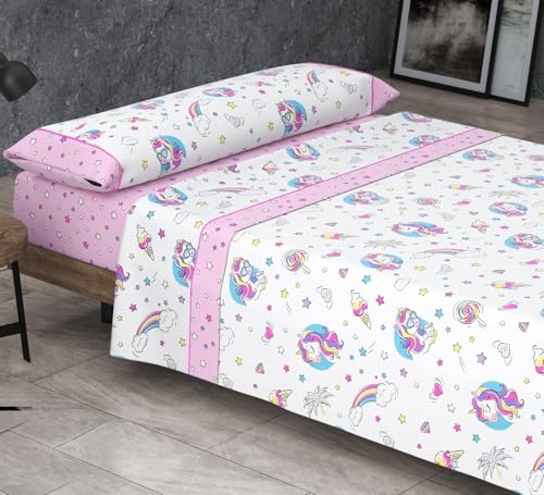 Kimbatex Textil Hogar Tienda Juego de Sábanas Infantiles Roomers Bed Linen. Surtido De Modelos y Tamaños. 50% algodón 50% poliéster. Calidad 30/30 144/Hilos. (Unicornio 2025, Cama 150cm)