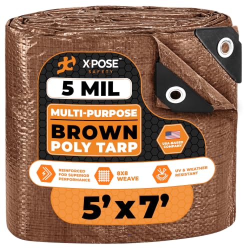 Image of Multipurpose Protective Cover Brown Poly Tarp 5' x 7' - Durable, Water Resistant, Weather Resistant - 5 Mil Thick Polyethylene - by Xpose Safety