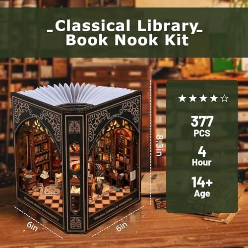 Image of Book Nook Kit with Nightlight - Type-C and Battery Powered DIY Bookshelf Decor, Perfect for Home and Office Gift（Classical Library）
