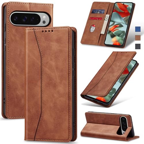 Image of Jasonyu Flip Wallet Case for Google Pixel 9 Pro XL,Leather Magnetic Folio Cover with Card Holder,Kickstand - TPU Shockproof Durable Protective Phone Case,Brown