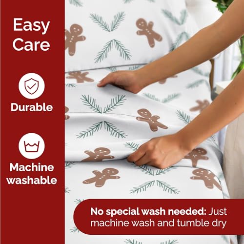 King Christmas Gingerbread Cookie Sheet Set - Holiday Xmas Pattern Bedding Set - Deep Pockets - Snug Fit - 4 Piece - Wrinkle Free - Comfy Festive Winter - Holiday Sheets for Women, Men, Kids & Teens