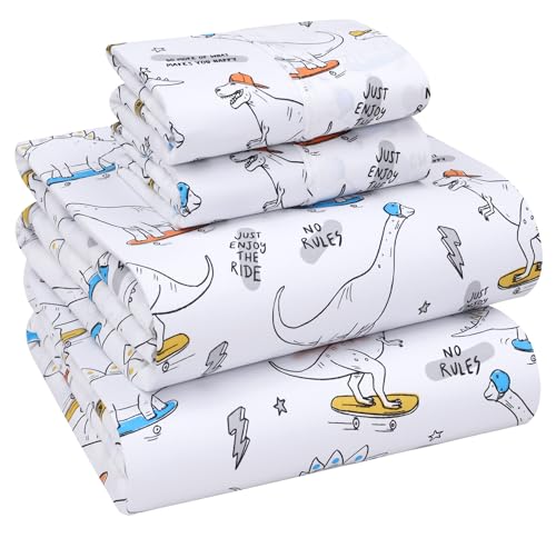 RUVANTI 100% Cotton Sheets Queen Size Set, 4 Pieces, Soft & Breathable Percale Weave Bedding, Deep Pocket 16", Hotel Standard, Crisp Cool Feeling, Durable, Perfect Floral Bed Sheet, Dino