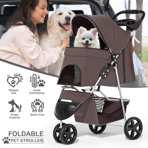 Image of MoNiBloom Foldable Dog Strollers for Small Dogs with Weather Cover, 3 Wheels Pet Strolling Cart for Dogs and Cats with Storage Basket and Cup Holder, Breathable and Visible Mesh for All-Season, Coffee
