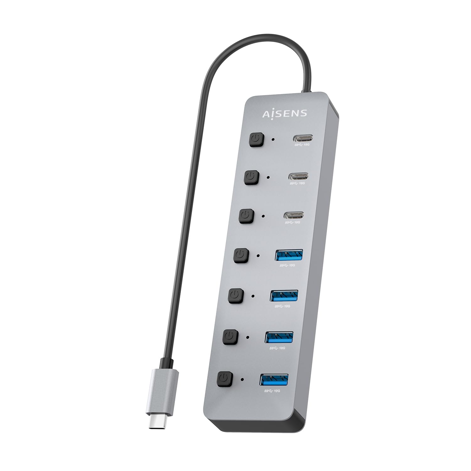 AISENS ASUC-8P044-GR - HUB USB3.2 Gen2 10G USB-C, USB-C/M-4xUSB-A/H+3xUSB-C/H+1xUSB-C/H PD3.0 100W, Gris, 30 cm
