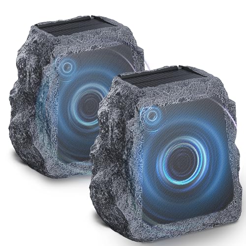BlitzRock Wireless Outdoor Rock Speakers, 80W 2-Driver Outdoor Speaker Solar Powered, Easy Pairing, Auto-Sync for 100+ Speakers, Waterproof IPX7, Ideal for Patio Garden, Pack of 2