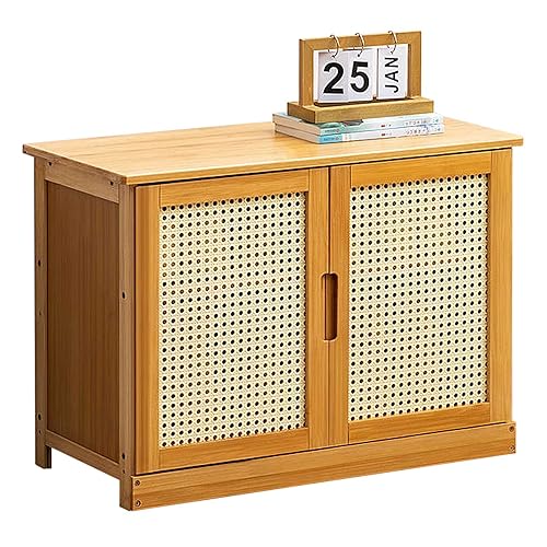 Armoire à chaussures avec siège et portes en rotin pour couloir