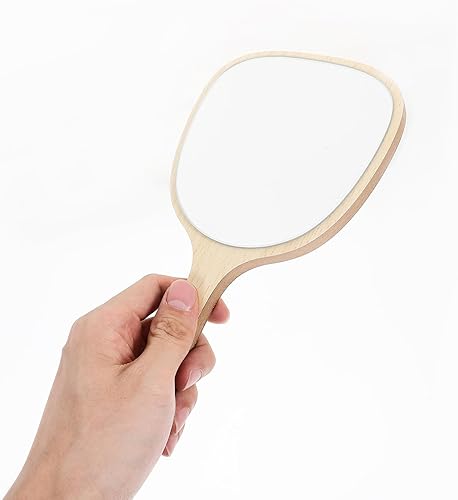 Miniatura 5 de Lurrose Espejo de mano de madera con mango montado en la pared, espejo de baño para mujer, maquillaje salón de viaje