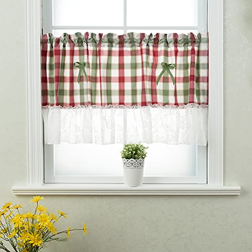 Ricemru Scheibengardinen Kurzstore Landhaus Kariert Rot Grün mit Spitze 60 Hoch Bistrogardine Kurz Küche Gardinen Blickdicht Kurzvorhang Kurzschal Fenster,60x130 Cover