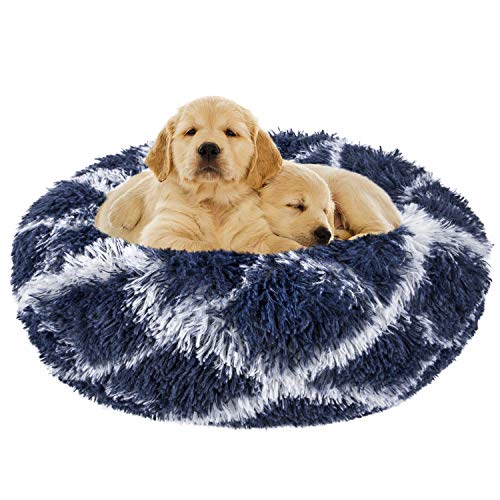 INVENHO Dog Bed Cat Bed Donut,Pet Bed Faux Fur Cuddler Round Comfortable for Small Medium Dogs Ultra Soft Calming Bed,Self Warming and Washable Indoor Sleeping Bed (30-Inch, Blue White)