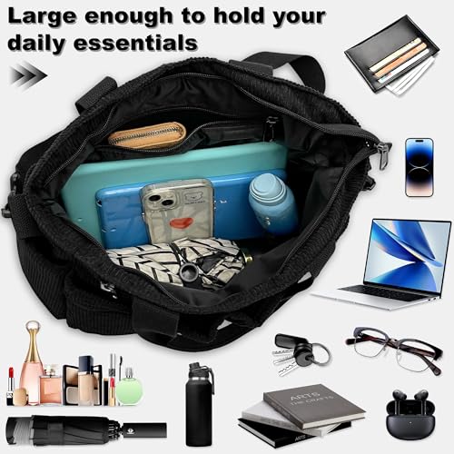 Hoseay Handtasche Damen Cord Umhängetasche Mittelgroß Tote Bag Damen Shopper Tasche mit Reißverschluss Crossbody Bag Frauen Schultertasche für Schule Arbeit Büro Reisen Einkaufen Alltag, Schwarz