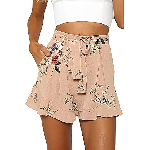 Women Running Shorts Printing Elastic Waist Drawstring Pocket Jogger Short Pants Loose Casual Bicycle Shorts (Khaki, S) Cover