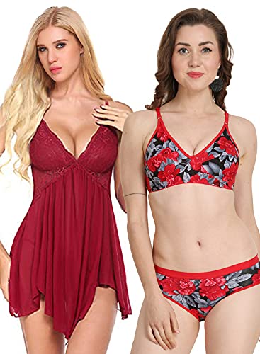 Image of Love Maker Lace Net Stylish Women Nightwear with Cotton Bra Panty Set for Women, Non Padded Bra Panty Set for Women & Night Wear Honeymoon Nighty for Women.