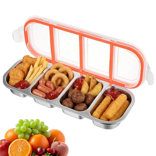 Snack Box, Bandeja de Aperitivos con Tapa, 500 ml Caja de Aperitivos con Tapa, Lonchera de Acero Inoxidable con 4 Compartimentos, Caja de Snacks para Frutas Verduras Nueces Picnic Campamento Escuela