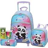 Kit Mochila Escolar Infantil com Rodinhas Pandinha e Unicórnio, Lancheira Térmica e Estojo, Azul e Rosa