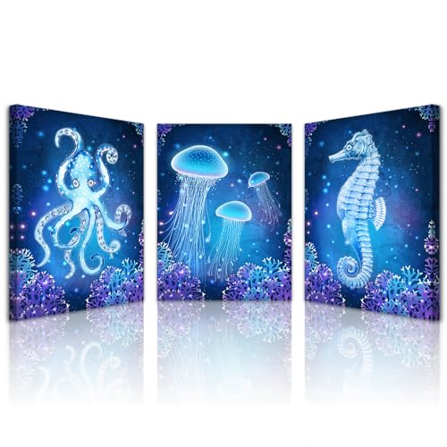 Lapremoly Blue Ocean Animal Seascape Canvas Prints Wall Art Paintings For Bedroom Framed Wall Decor for Living Room Ready To Hang Bathroom Wall Pictures Modern Home Decoration Artworks 3 Pieces