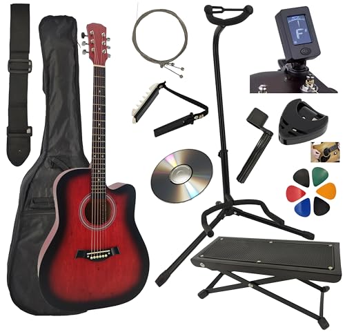 AMROVA Guitare Acoustique Folk 4/4 Adulte 41 Pouces + Support Guitare + Repose Pied + 9 Accessoires Cour Vidéo et CD (Rouge)