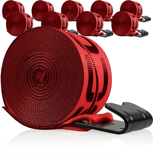 US Cargo Control Winch Straps 4" x 30' (10-Pack), 5,400 LBS Working Load Limit, Heavy Duty Flatbed Tie Downs with Flat Hooks, Red 4 Inch Straps for Flatbed Trailer, Truck, and Cargo Securement