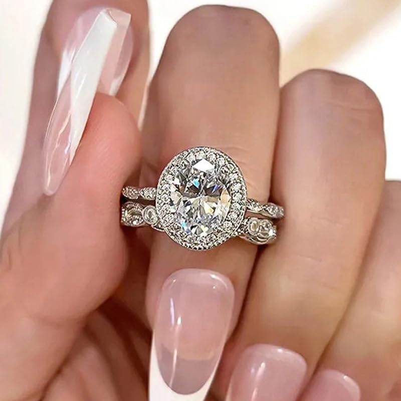 2PCS 925 Plated Silver Bridal Rings Sets Oval Cubic Zirconia Halo CZ Engagements Rings Wedding Bands for Women Promise Rings for her Size 10# - Image 5