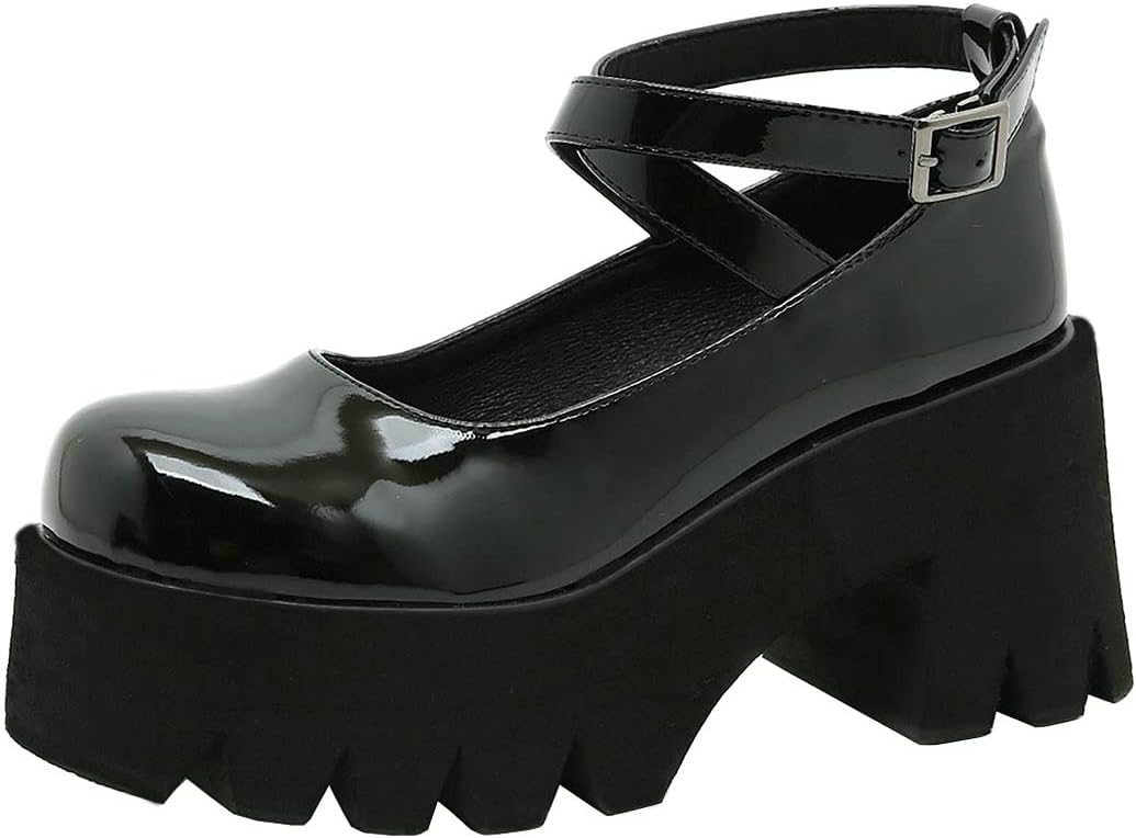 KIKIVIVI Womens Platform Mary Jane Patent Leather Crisscross Strap Chunky High Heel Pumps