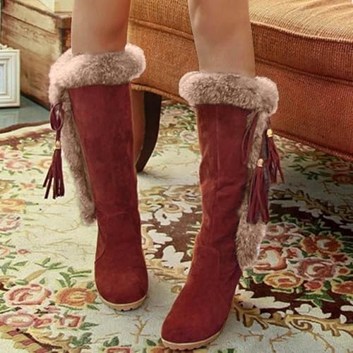 Women's Winter Warm Outdoor Mid Calf Boots High Heels Wedge Snow Bootie Faux Fur Comfortable Knee High Fuzzy Boots4