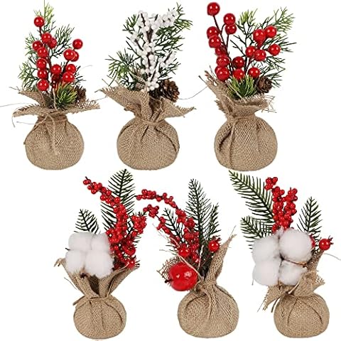 winemana 6 Pcs Mini Christmas Tree Table Decorations, 8" Small Artificial Trees with Red Berries Pine Cone Greenery Tabletop Centerpiece for Home Office Room Holiday Decorations Cover