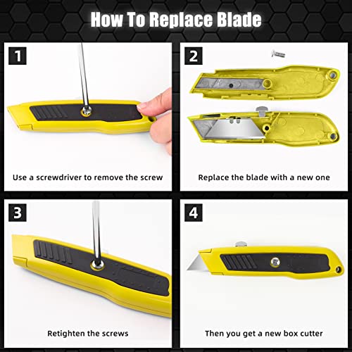 Image of DIYSELF 2 Pack Box Cutters, Razor Knife Utility Cardboard Cutter, Heavy Duty Utility Knife Retractable, Secure Locking, Aluminum Box Cutter Shell, for Home, Office, School, Warehouse (Yellow)