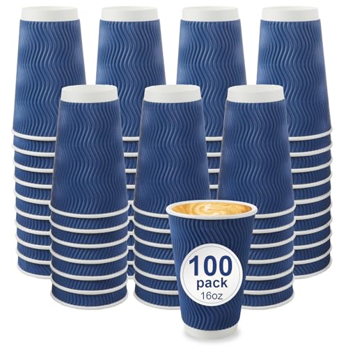 RAZCC Coffee Cups 100 Pack 16 oz Disposable Insulated Paper Cups Corrugated Kraft Ripple Wall Cup Suitable for Hot and Cold Drinks