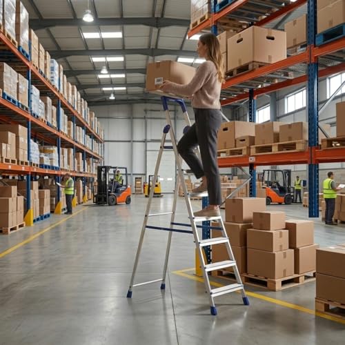 Image of CIPLA PLAST 7 Step Ladder for Home Use | Foldable Aluminium Ladder for Home with Scratch Resistant | Anti Skid Shoes and Extra Strong Wide Steps | Home Pro 7 Steps - GEC-L7 (Silver & Blue) (7 Steps)