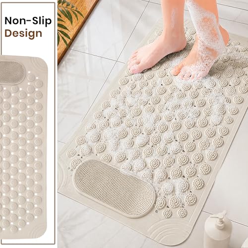 Image of Storite Rectangular Anti Skid Bath Mat with Foot Scrubber for Bath Room Shower Mat with Suction Cups & Drain Holes Silicone Floor Mat for Kids & Adults (70 X 35cm, Beige)