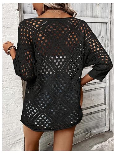 Image of Verdusa Women's Crochet Beach Summer Sweater 3 /4 Length Sleeve Boho Off The Shoulder Tops